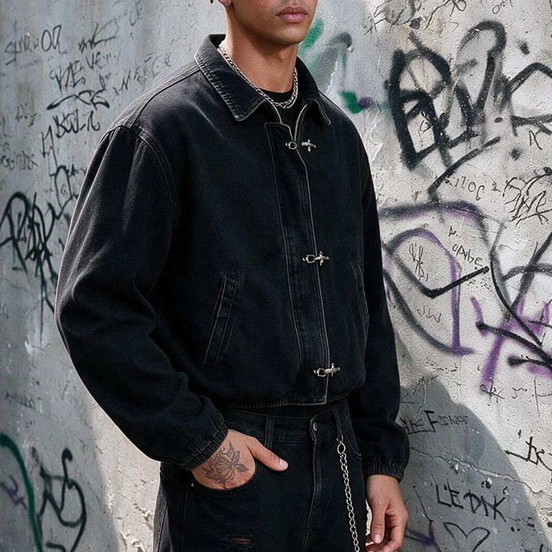 Men's Black Washed Denim Cropped Jacket Metal Buckle Zip Design Loose Drop Shoulder Coat Vintage Hip Hop Streetwear Outerwear Fo