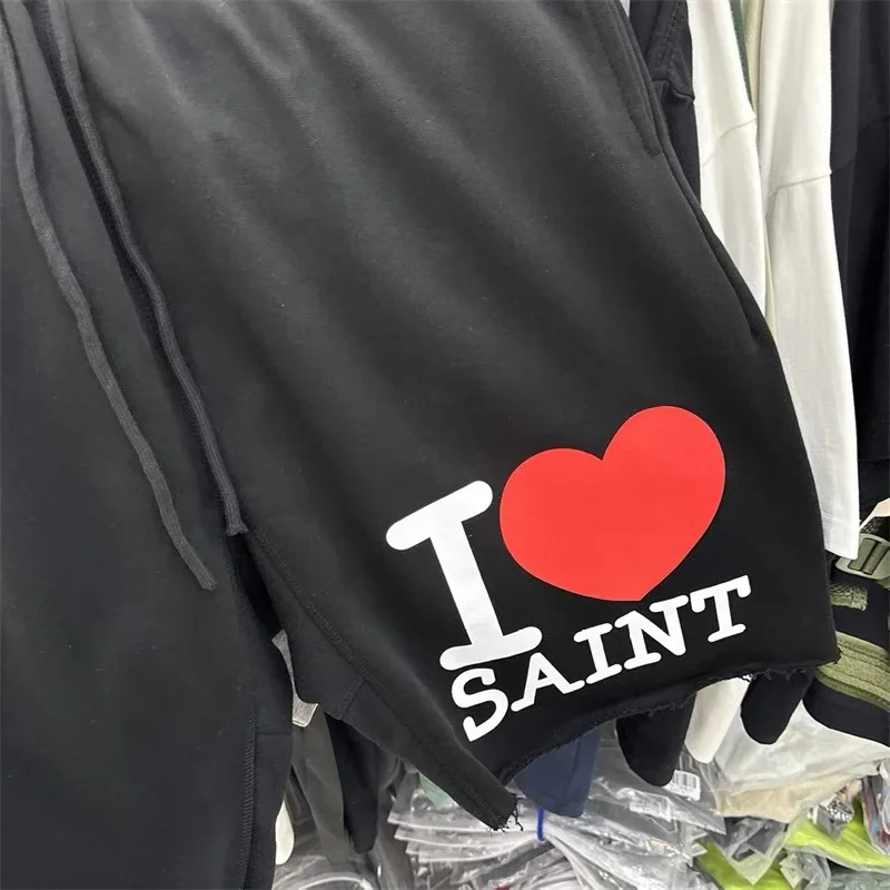 SSSAINT LOUIS Men Shorts Graffiti Print Washed Retro Oversized Shorts