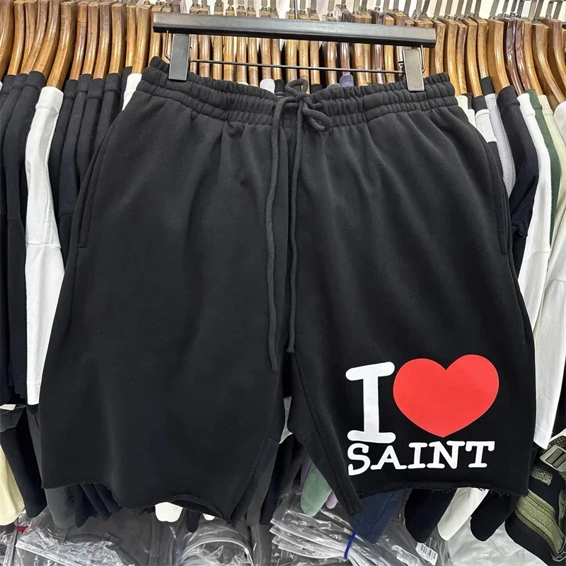 SSSAINT LOUIS Men Shorts Graffiti Print Washed Retro Oversized Shorts