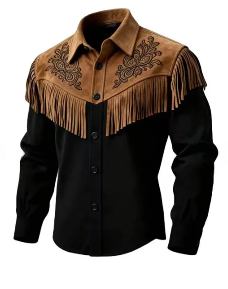 Men's Retro Casual Cassel Trendy jacket Top Autumn Long Sleeved Patchwork Tassel Shirt Ethnic Printed Button Cardigan Coat New