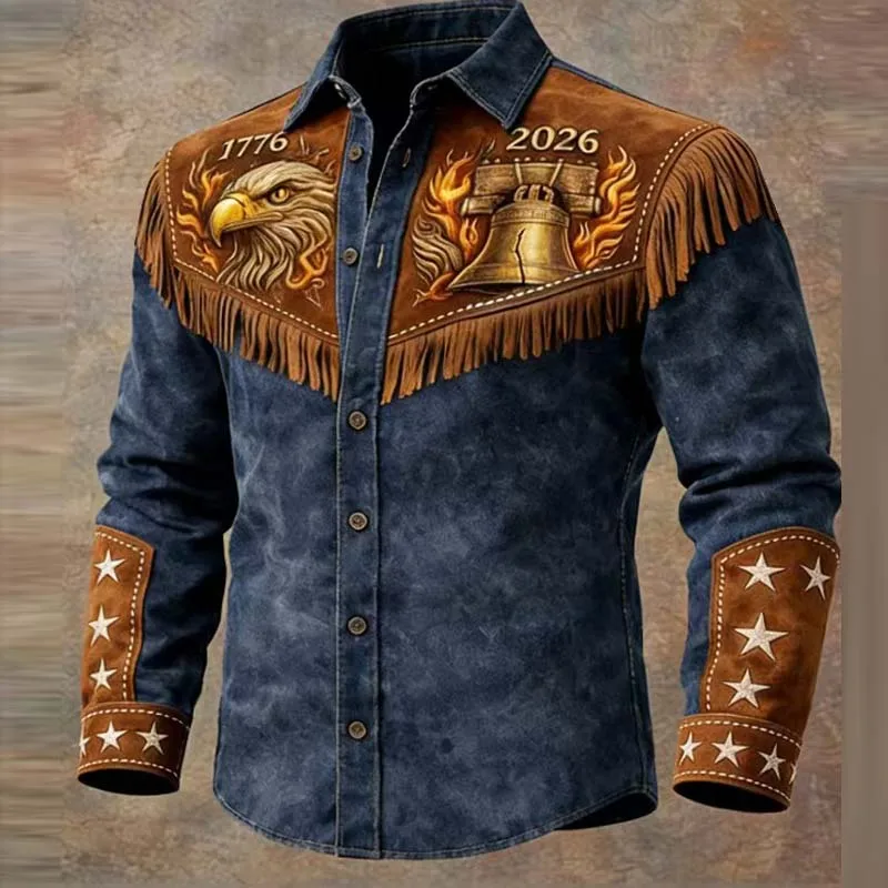 Men's Retro Casual Cassel Trendy jacket Top Autumn Long Sleeved Patchwork Tassel Shirt Ethnic Printed Button Cardigan Coat New