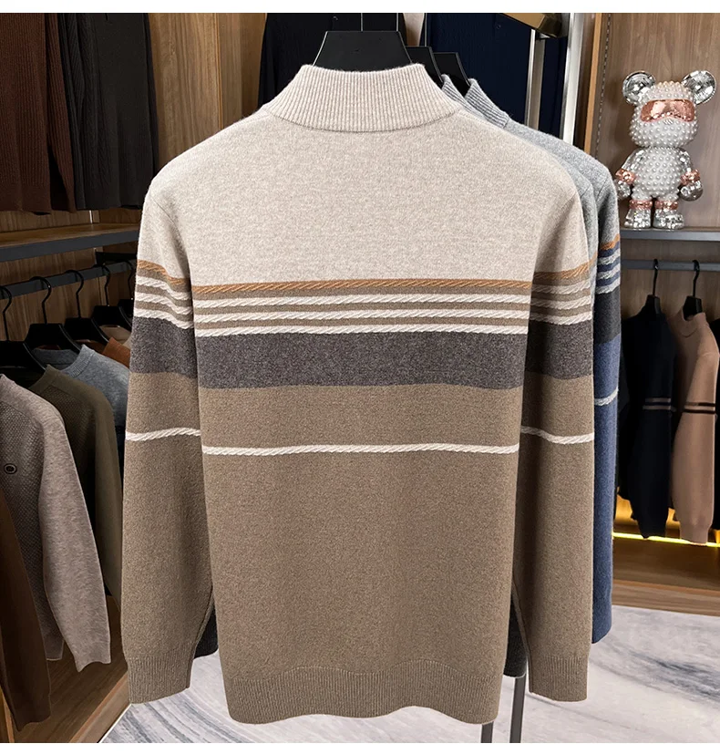 Real Cashmere Wool Clothes for Men 2025 Autumn Winter Trendy Striped Warm Sweater Long Sleeve Male Sheep Wool Zipper Jumpers