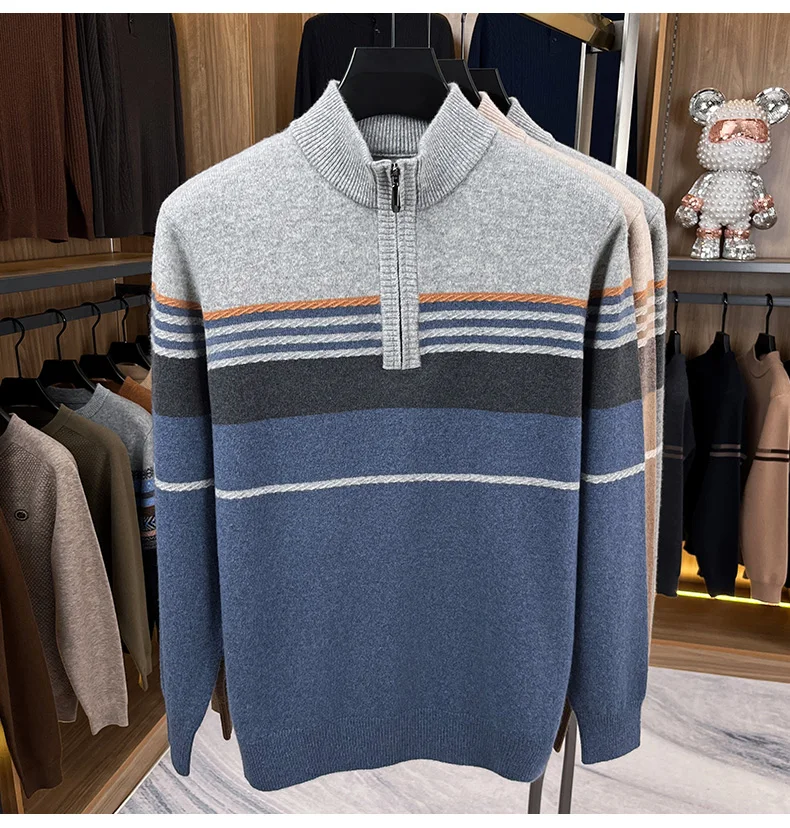 Real Cashmere Wool Clothes for Men 2025 Autumn Winter Trendy Striped Warm Sweater Long Sleeve Male Sheep Wool Zipper Jumpers
