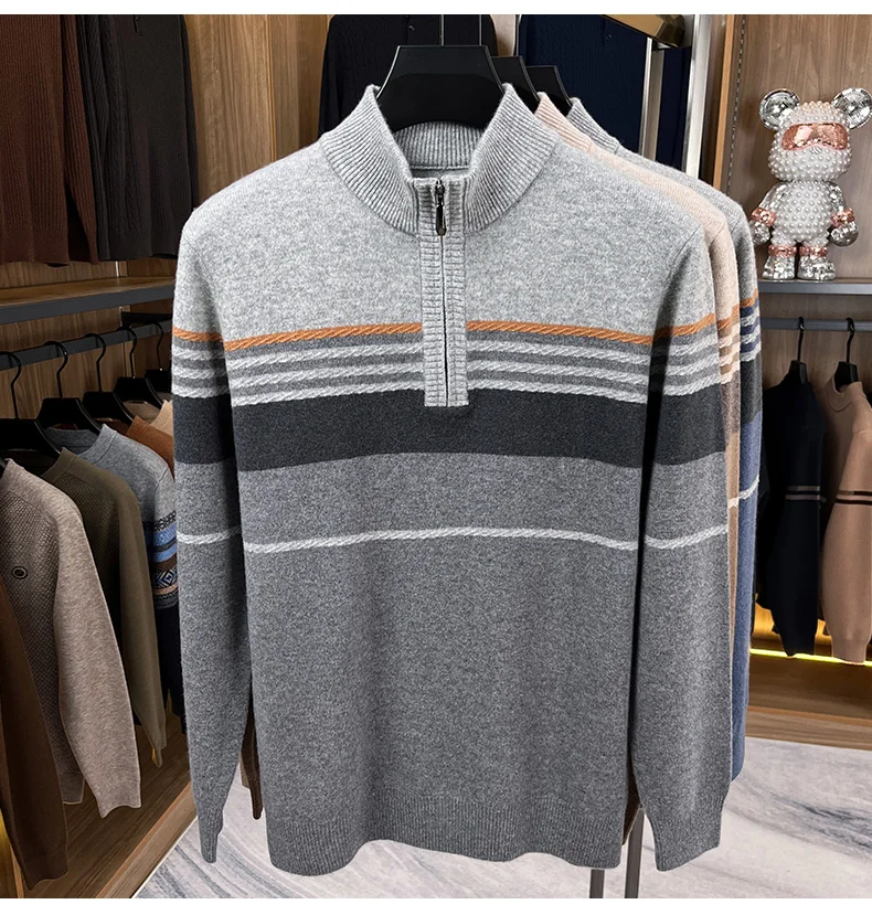 Real Cashmere Wool Clothes for Men 2025 Autumn Winter Trendy Striped Warm Sweater Long Sleeve Male Sheep Wool Zipper Jumpers