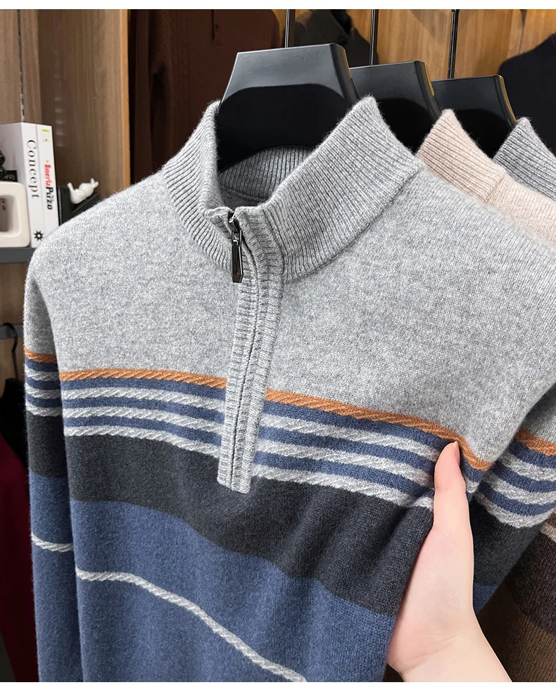 Real Cashmere Wool Clothes for Men 2025 Autumn Winter Trendy Striped Warm Sweater Long Sleeve Male Sheep Wool Zipper Jumpers