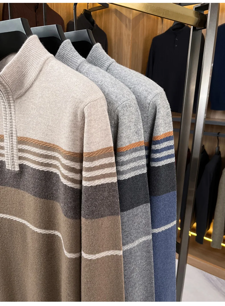 Real Cashmere Wool Clothes for Men 2025 Autumn Winter Trendy Striped Warm Sweater Long Sleeve Male Sheep Wool Zipper Jumpers