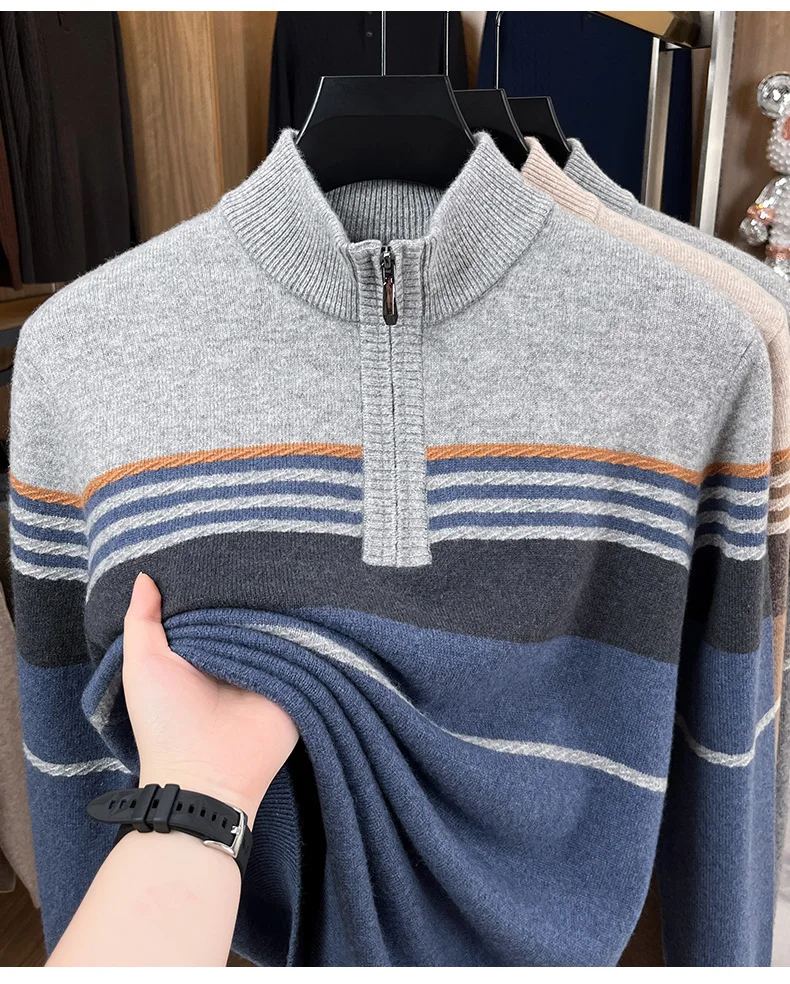 Real Cashmere Wool Clothes for Men 2025 Autumn Winter Trendy Striped Warm Sweater Long Sleeve Male Sheep Wool Zipper Jumpers