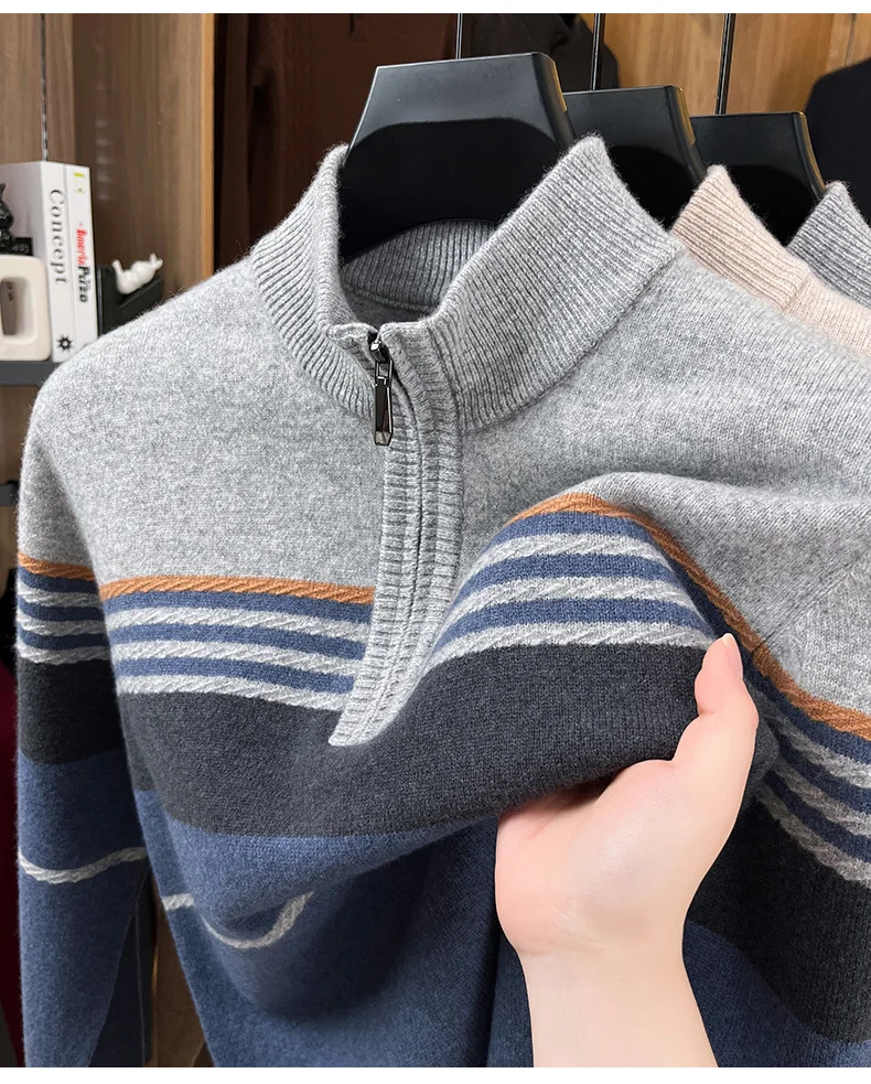 Real Cashmere Wool Clothes for Men 2025 Autumn Winter Trendy Striped Warm Sweater Long Sleeve Male Sheep Wool Zipper Jumpers