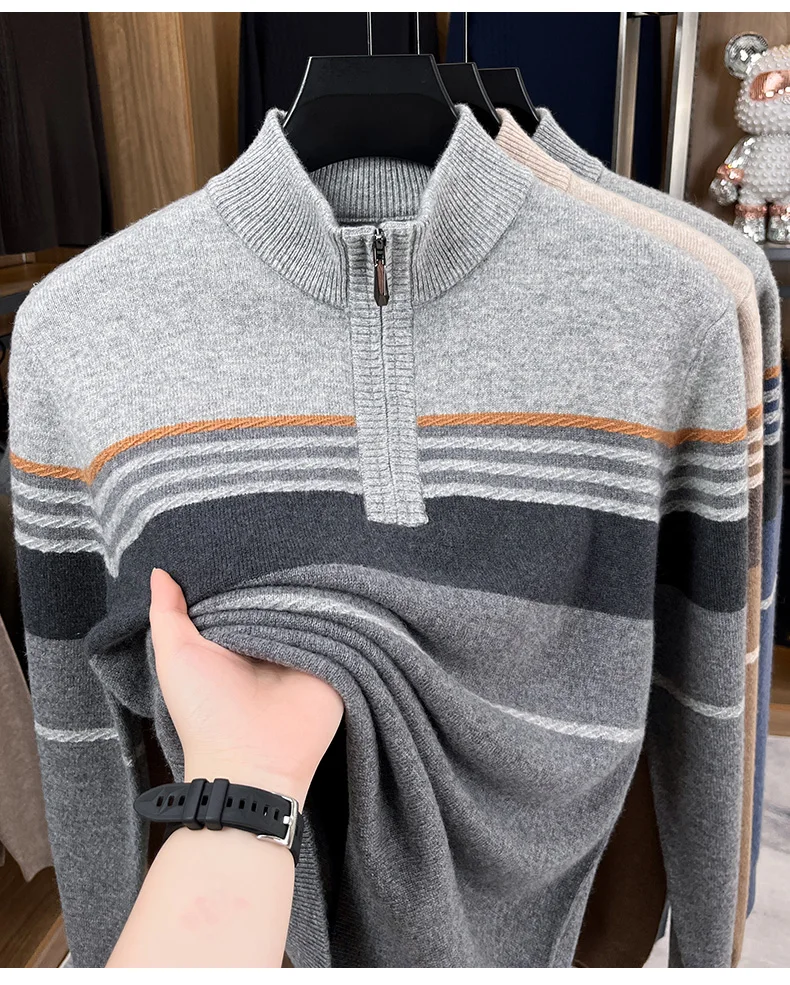 Real Cashmere Wool Clothes for Men 2025 Autumn Winter Trendy Striped Warm Sweater Long Sleeve Male Sheep Wool Zipper Jumpers