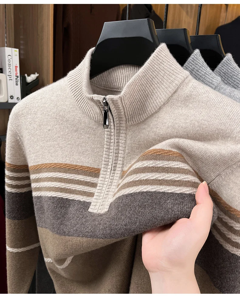 Real Cashmere Wool Clothes for Men 2025 Autumn Winter Trendy Striped Warm Sweater Long Sleeve Male Sheep Wool Zipper Jumpers