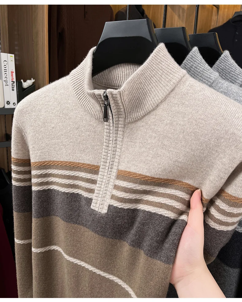 Real Cashmere Wool Clothes for Men 2025 Autumn Winter Trendy Striped Warm Sweater Long Sleeve Male Sheep Wool Zipper Jumpers