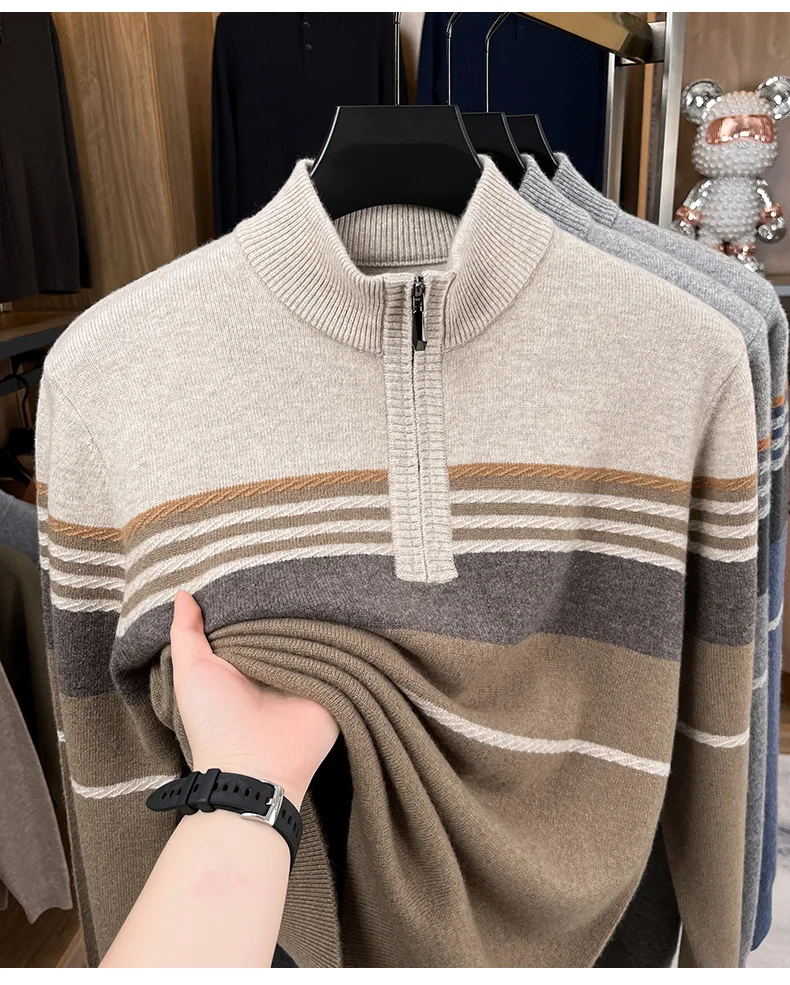 Real Cashmere Wool Clothes for Men 2025 Autumn Winter Trendy Striped Warm Sweater Long Sleeve Male Sheep Wool Zipper Jumpers