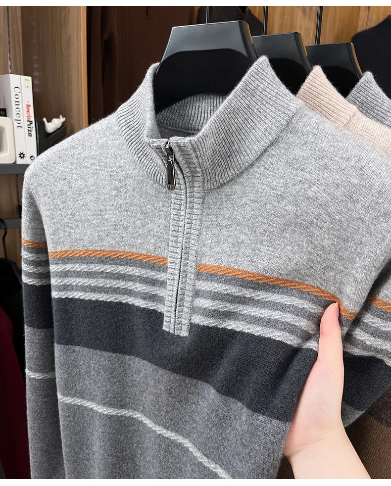 Real Cashmere Wool Clothes for Men 2025 Autumn Winter Trendy Striped Warm Sweater Long Sleeve Male Sheep Wool Zipper Jumpers