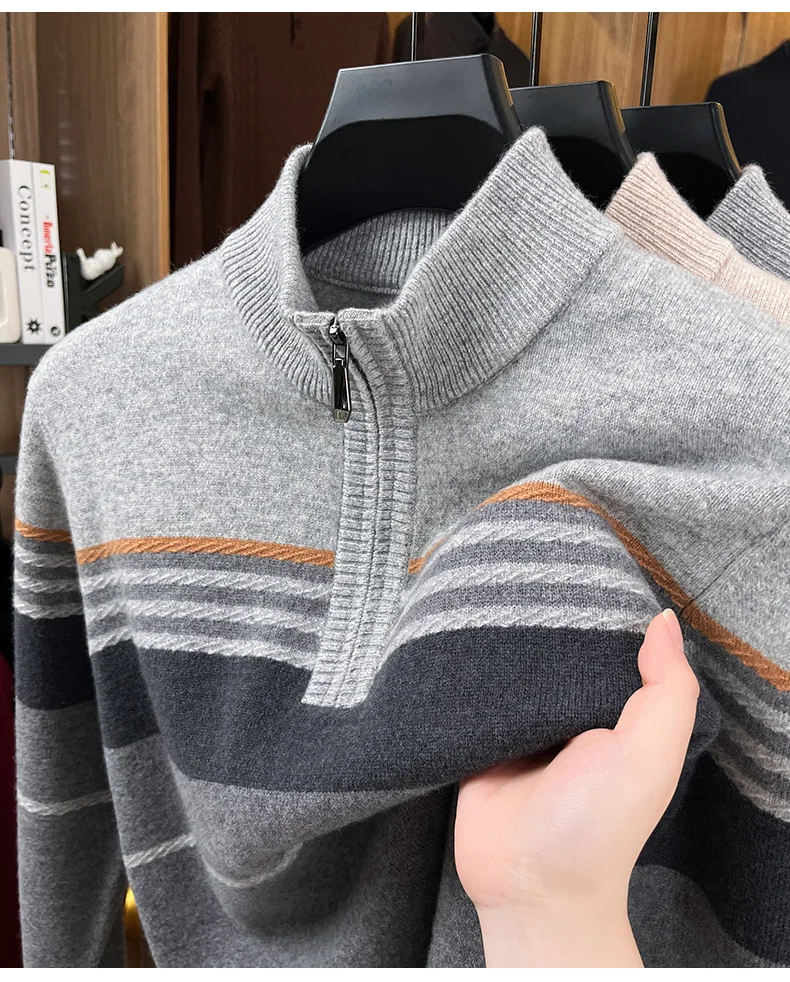 Real Cashmere Wool Clothes for Men 2025 Autumn Winter Trendy Striped Warm Sweater Long Sleeve Male Sheep Wool Zipper Jumpers