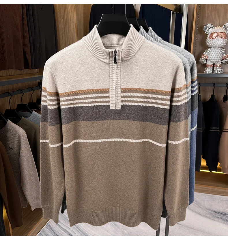 Real Cashmere Wool Clothes for Men 2025 Autumn Winter Trendy Striped Warm Sweater Long Sleeve Male Sheep Wool Zipper Jumpers