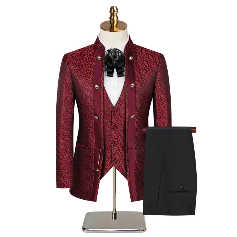 New Chinese-style Jacquard Wedding Host Performance Men's Suits 3pcs Blazer Vest Pants Formal Party Groom Tuxedo