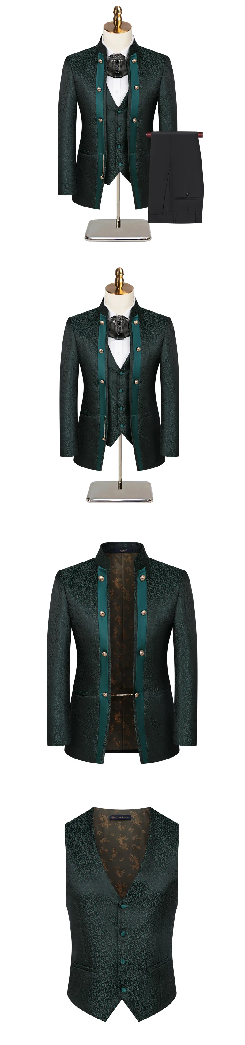 New Chinese-style Jacquard Wedding Host Performance Men's Suits 3pcs Blazer Vest Pants Formal Party Groom Tuxedo
