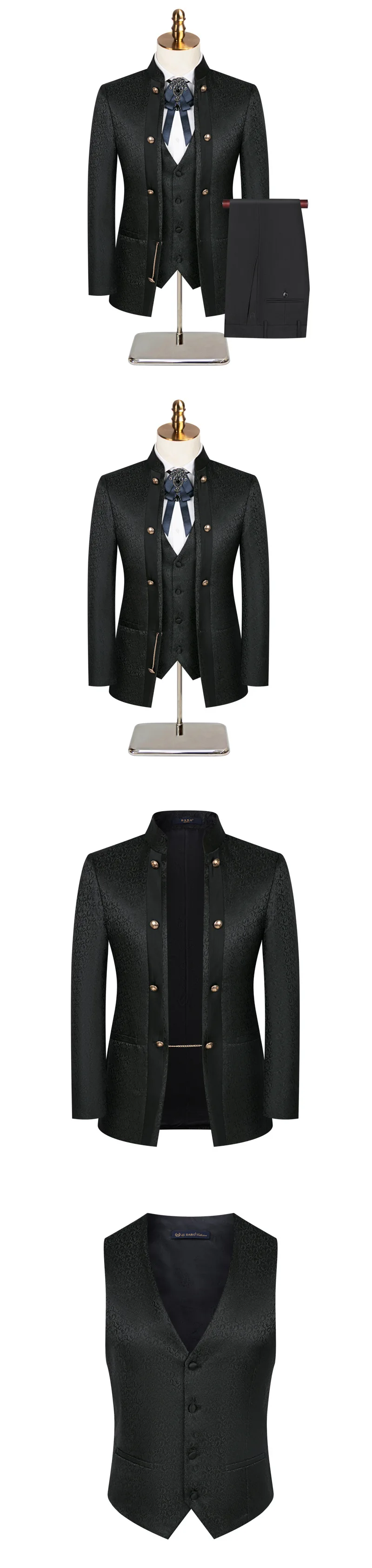New Chinese-style Jacquard Wedding Host Performance Men's Suits 3pcs Blazer Vest Pants Formal Party Groom Tuxedo