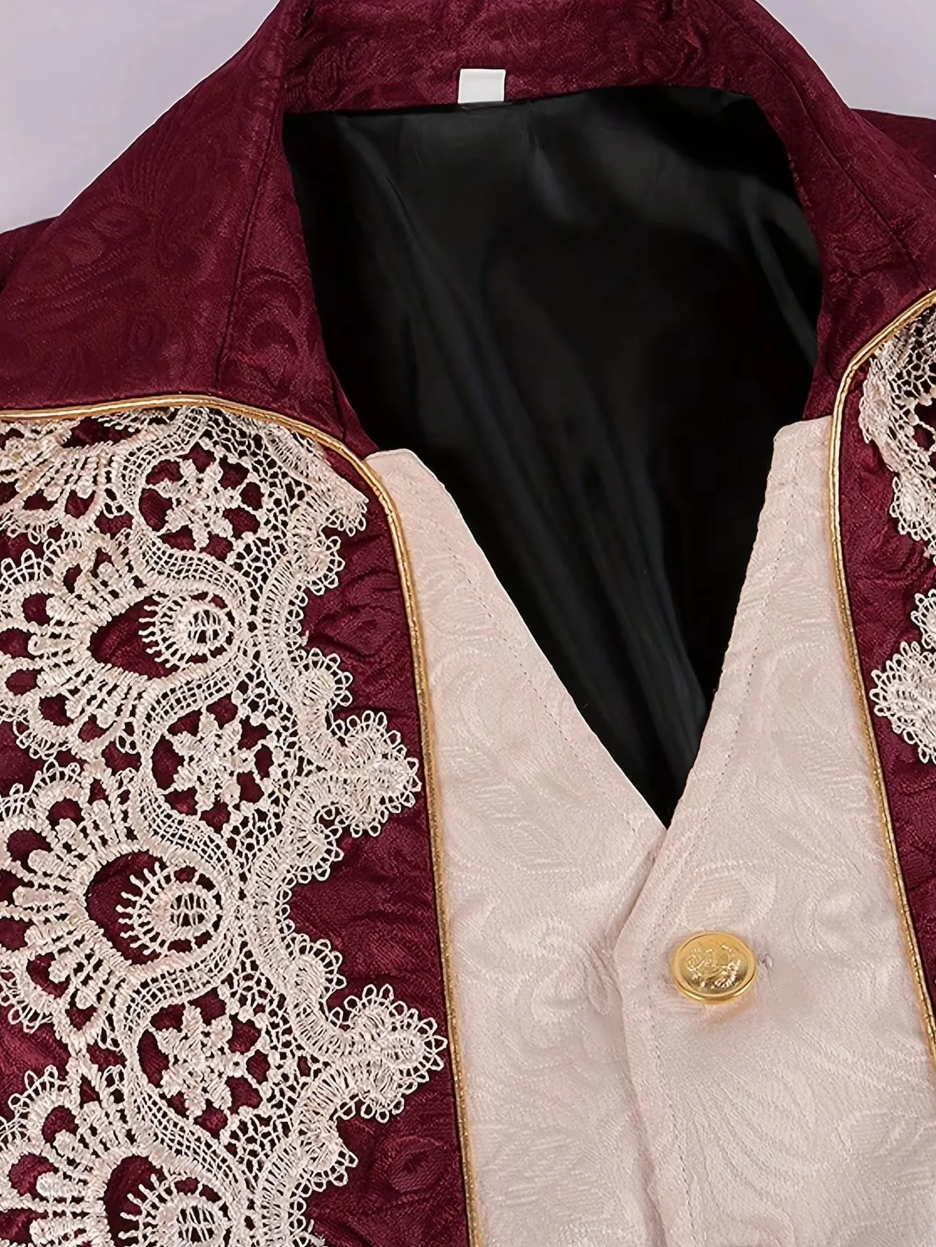 Men's Victorian Baroque Lace Applique Long Coat - Vintage Burgundy Royal Court Tailcoat Jacket for Halloween Cosplay Party