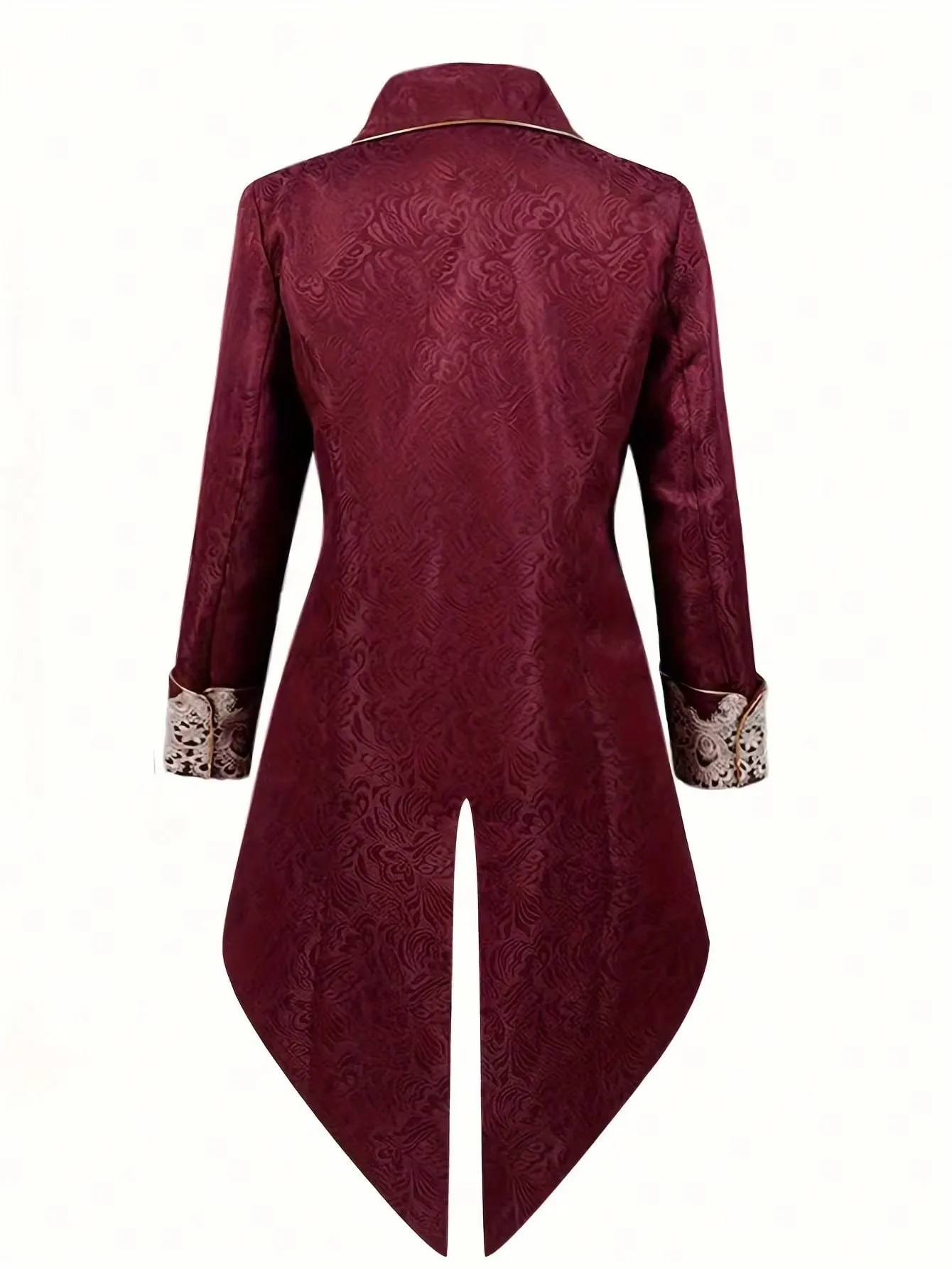 Men's Victorian Baroque Lace Applique Long Coat - Vintage Burgundy Royal Court Tailcoat Jacket for Halloween Cosplay Party