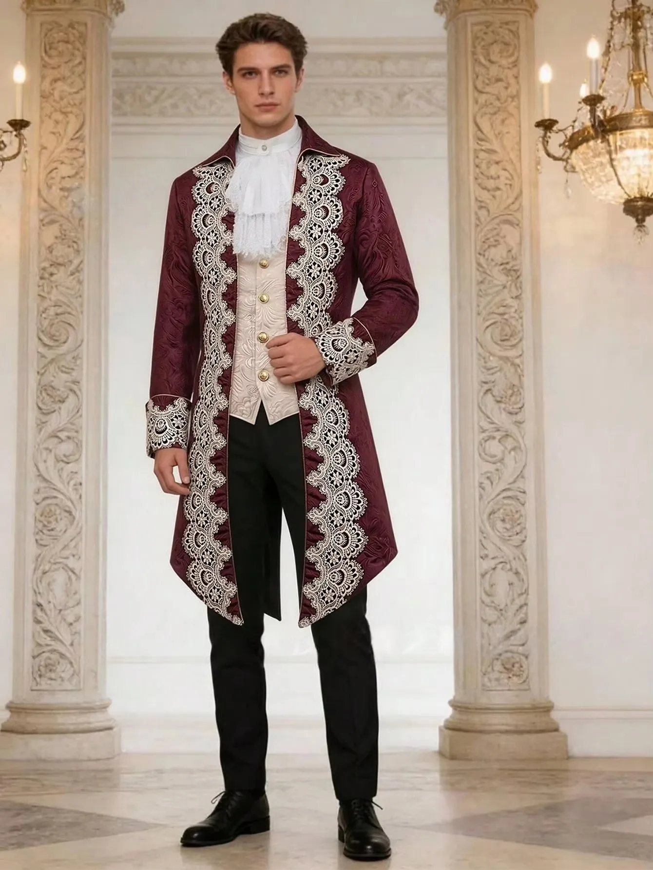Men's Victorian Baroque Lace Applique Long Coat - Vintage Burgundy Royal Court Tailcoat Jacket for Halloween Cosplay Party