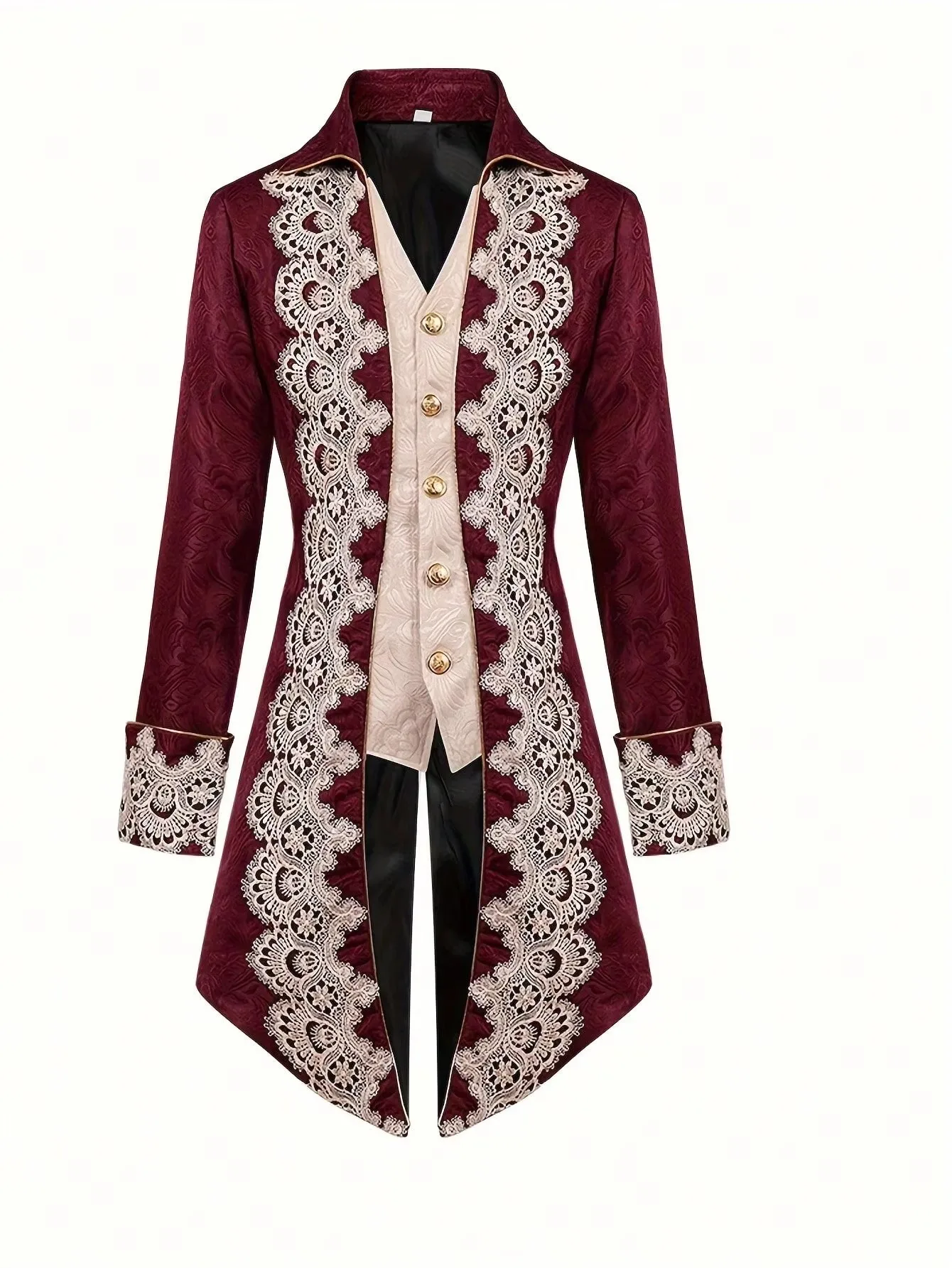 Men's Victorian Baroque Lace Applique Long Coat - Vintage Burgundy Royal Court Tailcoat Jacket for Halloween Cosplay Party