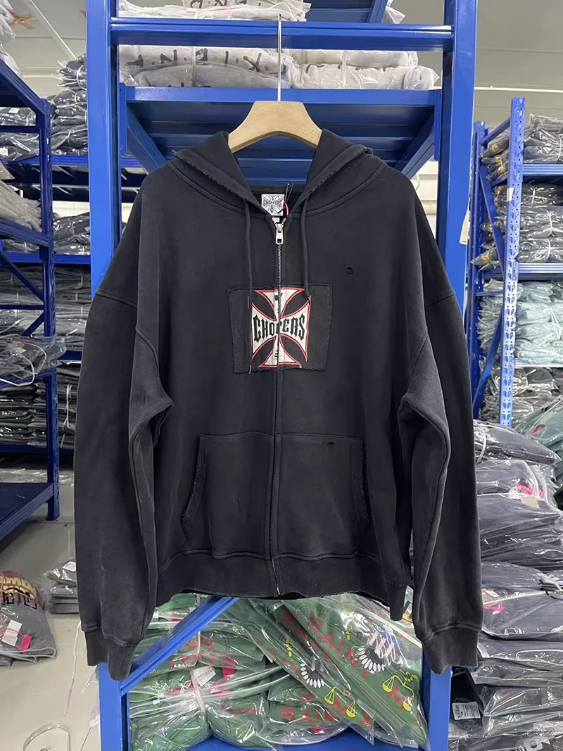 Oversize Men Women Street Outfit West Coast Choppers Jackets Vintage Washed Black Patchwork Red Cross Pattern Zippered Hoodie