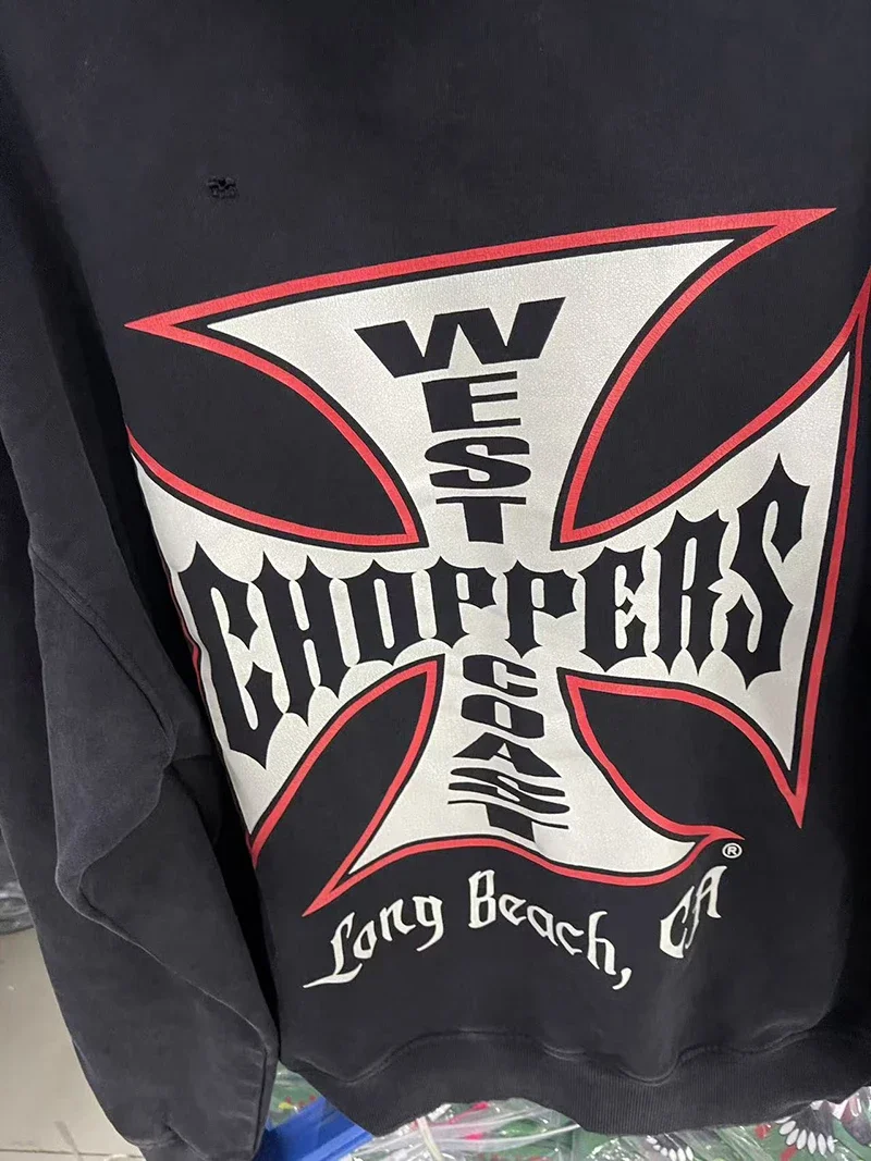 Oversize Men Women Street Outfit West Coast Choppers Jackets Vintage Washed Black Patchwork Red Cross Pattern Zippered Hoodie