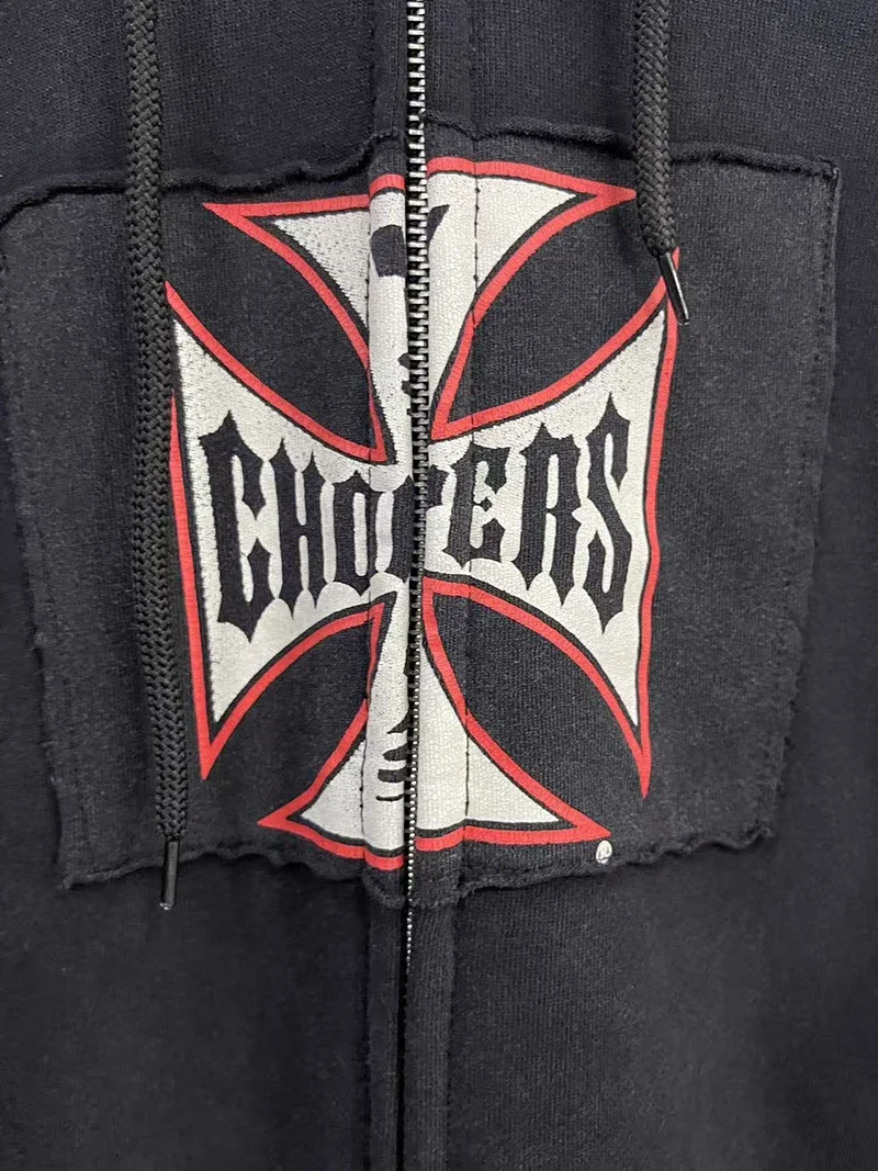 Oversize Men Women Street Outfit West Coast Choppers Jackets Vintage Washed Black Patchwork Red Cross Pattern Zippered Hoodie