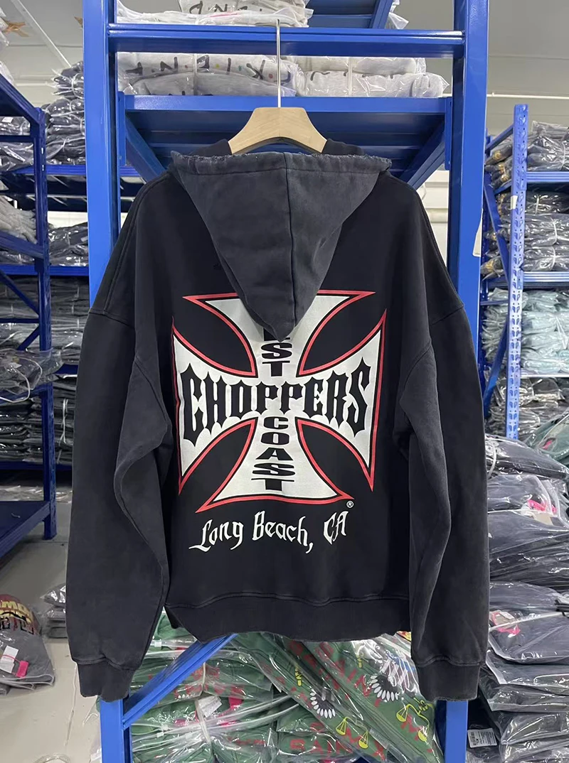 Oversize Men Women Street Outfit West Coast Choppers Jackets Vintage Washed Black Patchwork Red Cross Pattern Zippered Hoodie