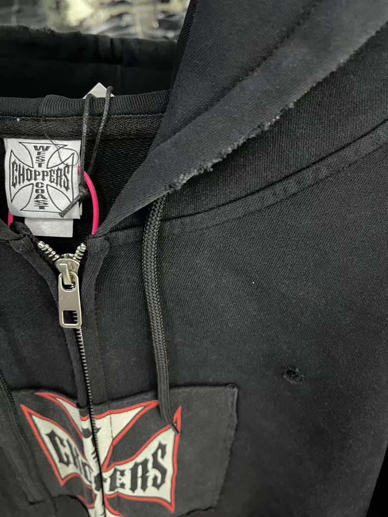 Oversize Men Women Street Outfit West Coast Choppers Jackets Vintage Washed Black Patchwork Red Cross Pattern Zippered Hoodie