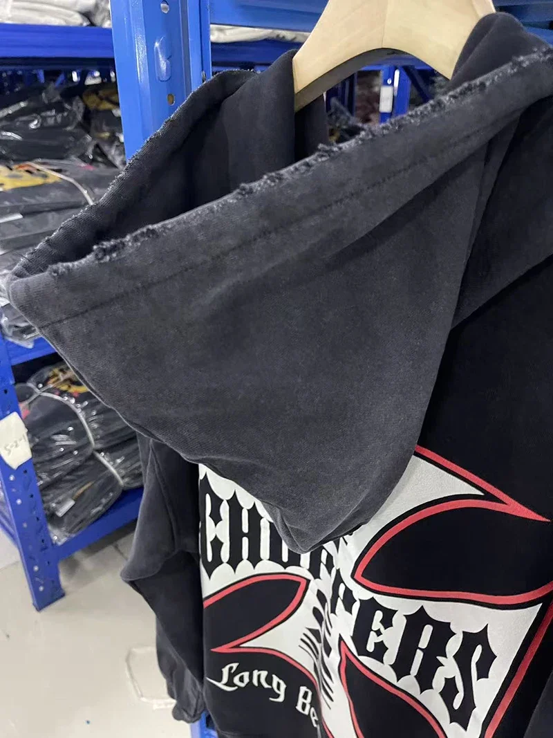 Oversize Men Women Street Outfit West Coast Choppers Jackets Vintage Washed Black Patchwork Red Cross Pattern Zippered Hoodie