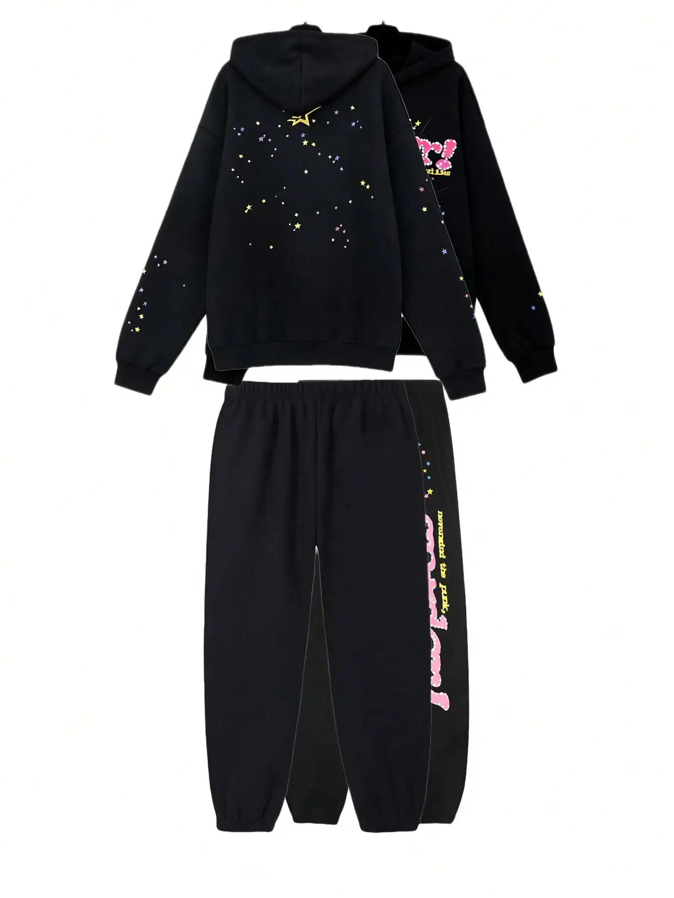 Men 2‑Pieces Outfit Spider Web Star Print Hoodie Sweatpants Set Casual Long Sleeve Hooded Sweatshirt Jogger Pants Streetwear Suit