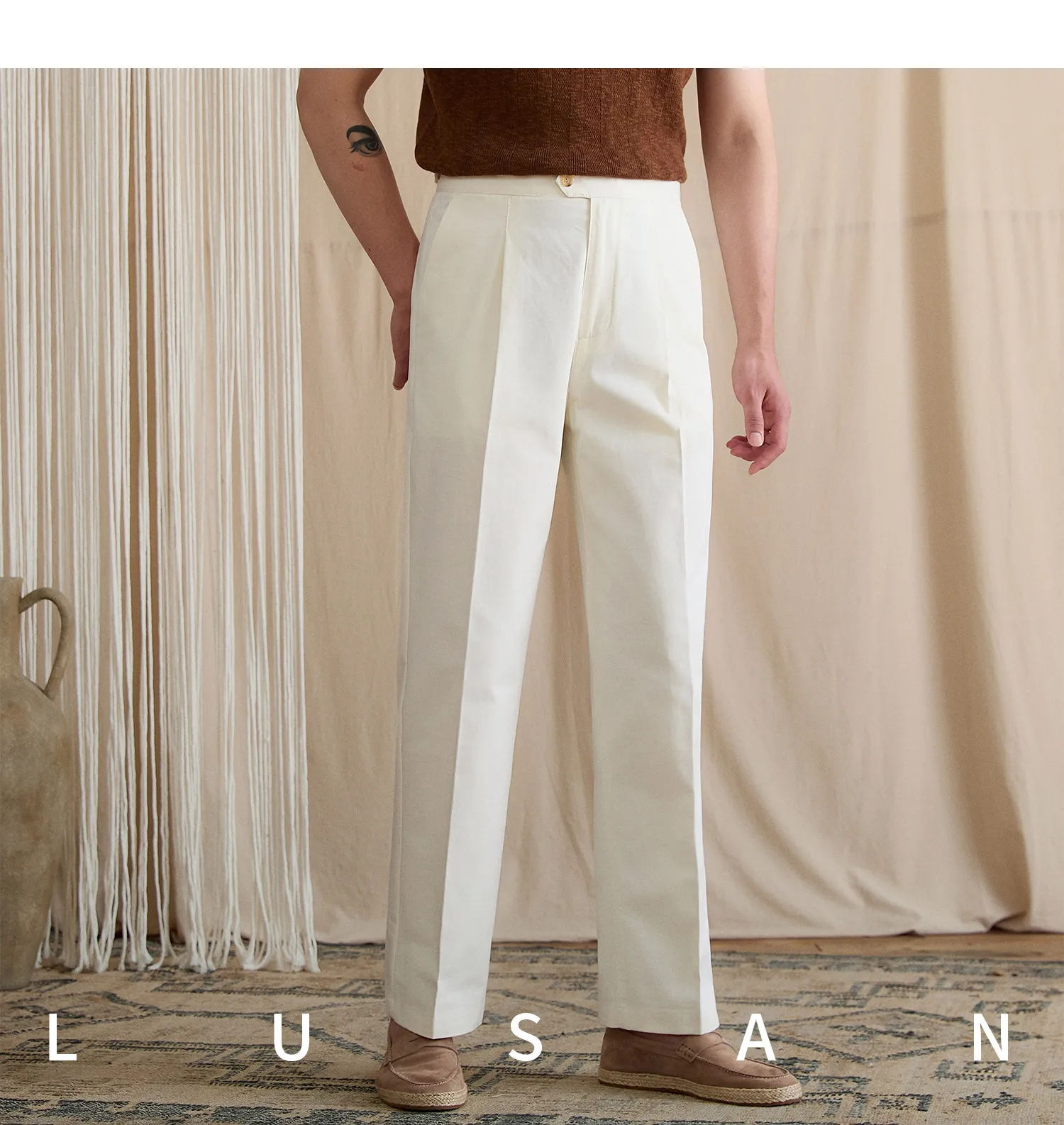 Summer lightweight casual cotton trousers, versatile and breathable,, mature, straight-leg, high-waisted pants for trendy