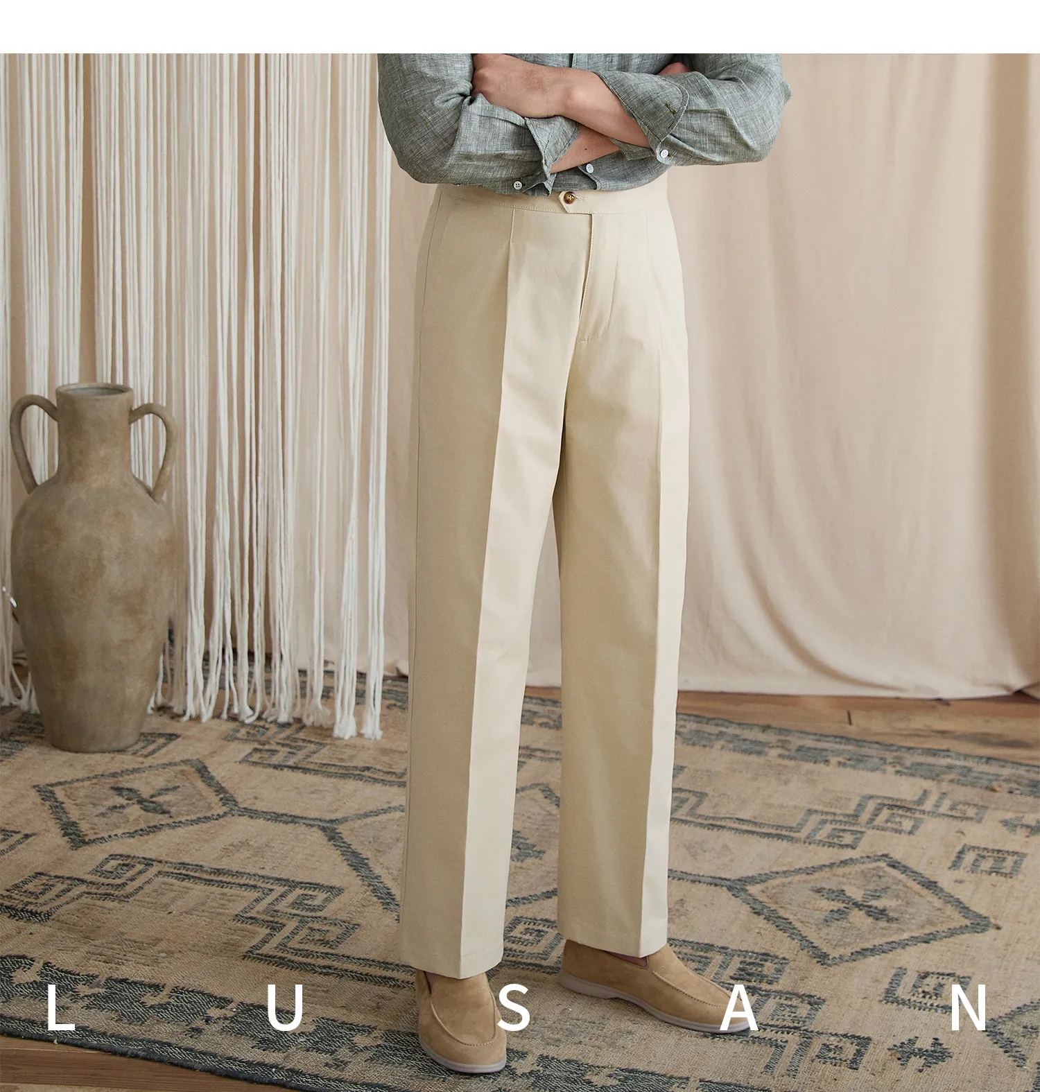 Summer lightweight casual cotton trousers, versatile and breathable,, mature, straight-leg, high-waisted pants for trendy