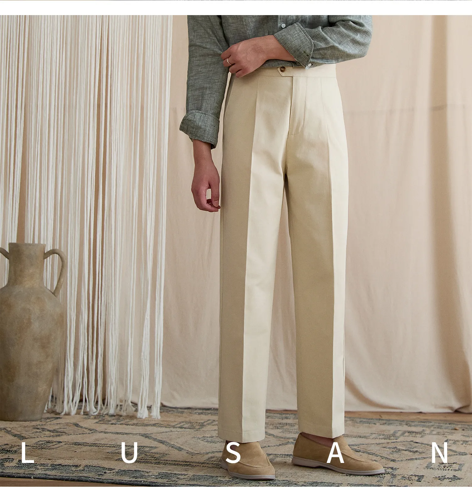 Summer lightweight casual cotton trousers, versatile and breathable,, mature, straight-leg, high-waisted pants for trendy