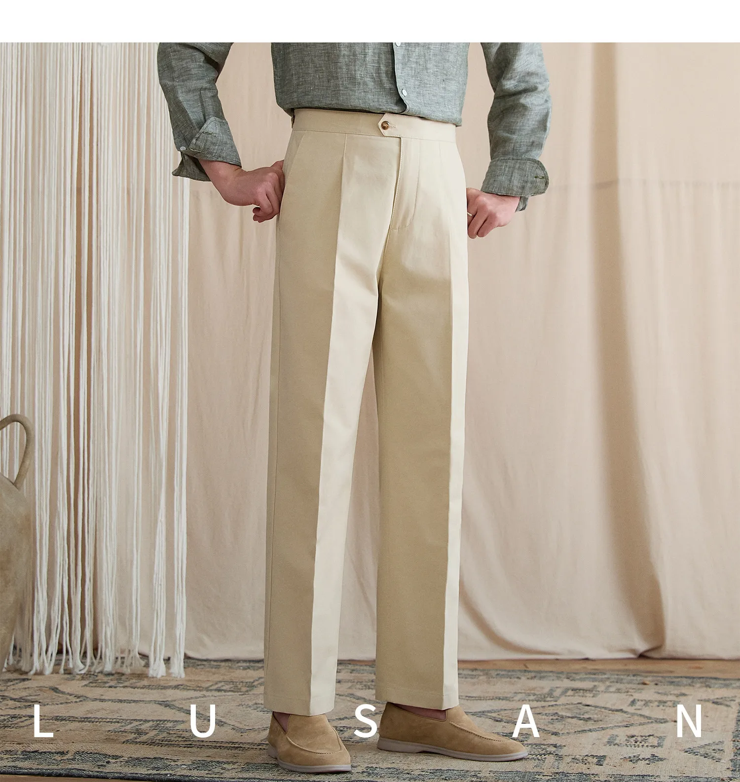 Summer lightweight casual cotton trousers, versatile and breathable,, mature, straight-leg, high-waisted pants for trendy