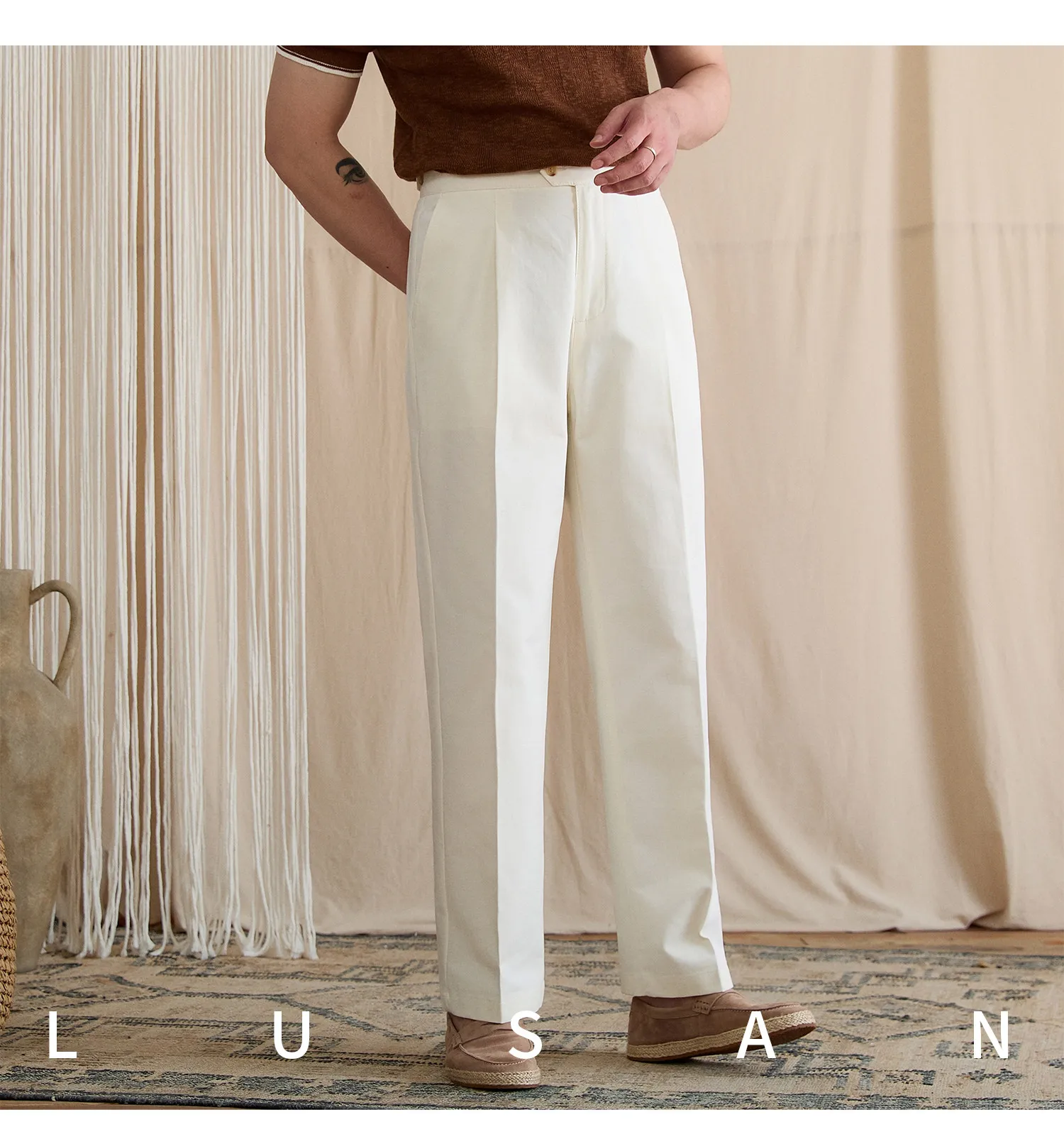Summer lightweight casual cotton trousers, versatile and breathable,, mature, straight-leg, high-waisted pants for trendy