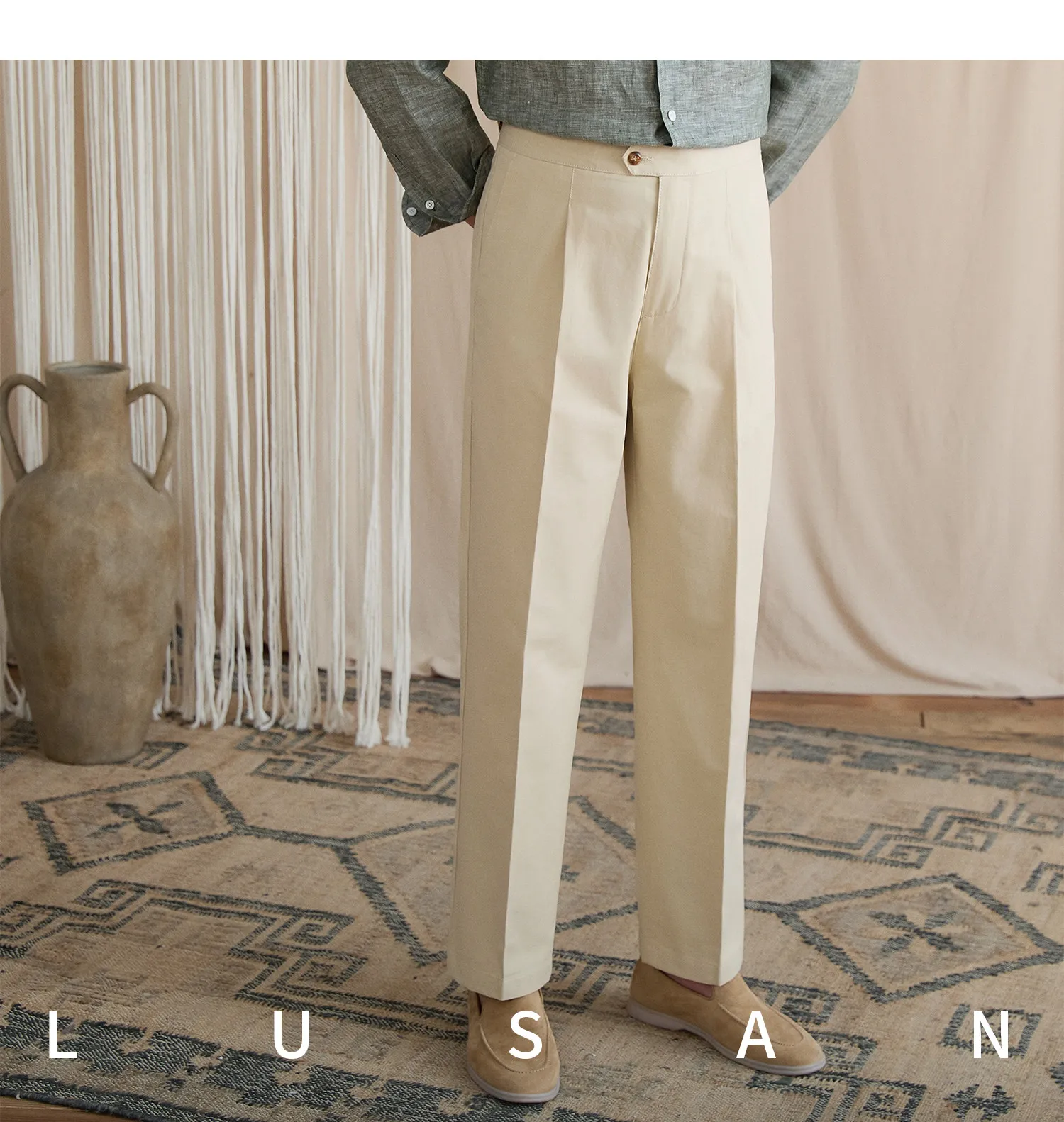 Summer lightweight casual cotton trousers, versatile and breathable,, mature, straight-leg, high-waisted pants for trendy