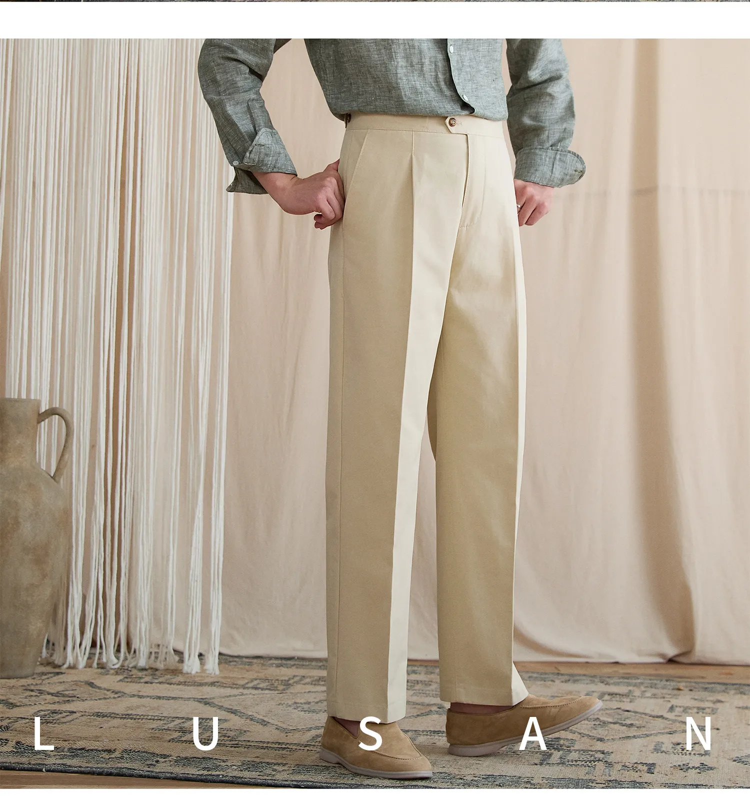 Summer lightweight casual cotton trousers, versatile and breathable,, mature, straight-leg, high-waisted pants for trendy