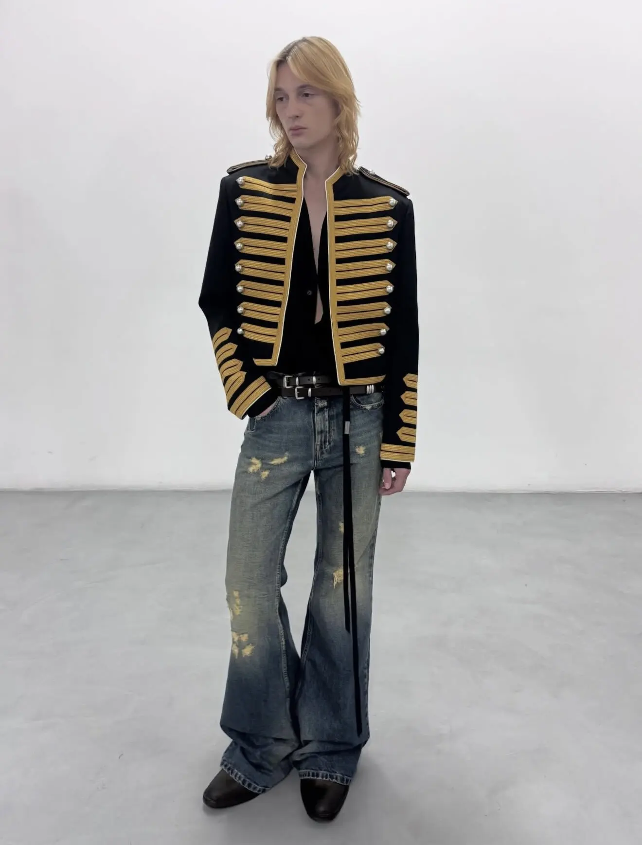 ANN Milan Limited Show Piece Black & Gold Webbing Napoleon Cropped Court Jacket, Two-tone