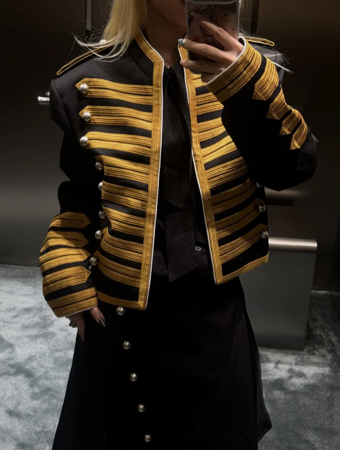 ANN Milan Limited Show Piece Black & Gold Webbing Napoleon Cropped Court Jacket, Two-tone