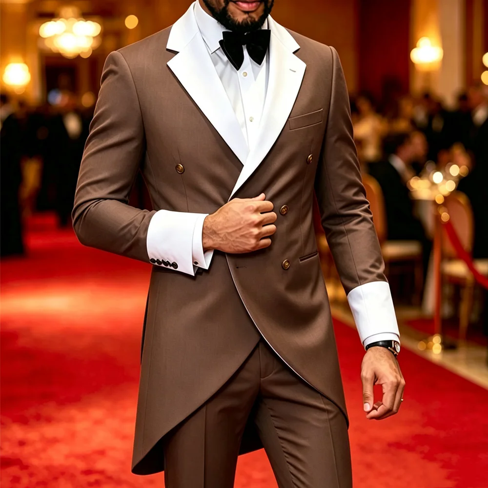 Men Tailcoat Suit 2 Pieces Double Breasted Brown Tuxedo White Contrast Lapel Cuff Groom Wedding Formal Evening Party Jacket Pants