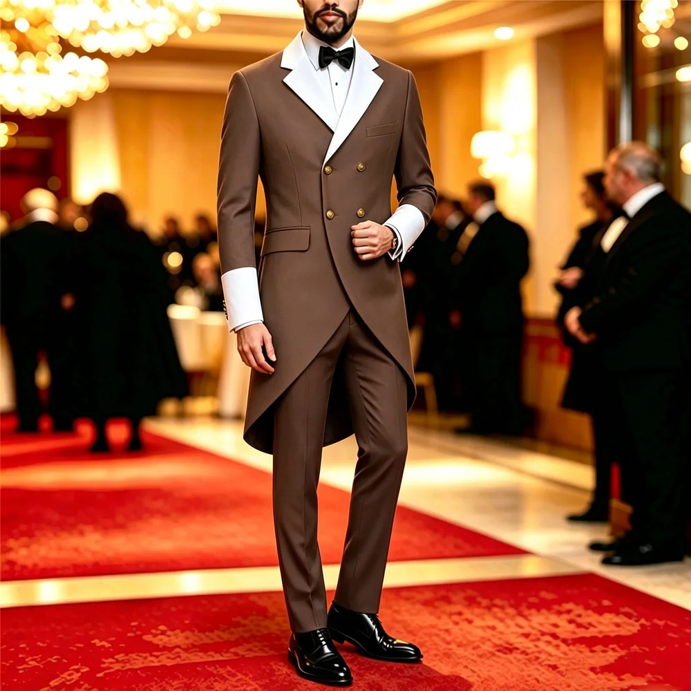 Men Tailcoat Suit 2 Pieces Double Breasted Brown Tuxedo White Contrast Lapel Cuff Groom Wedding Formal Evening Party Jacket Pants