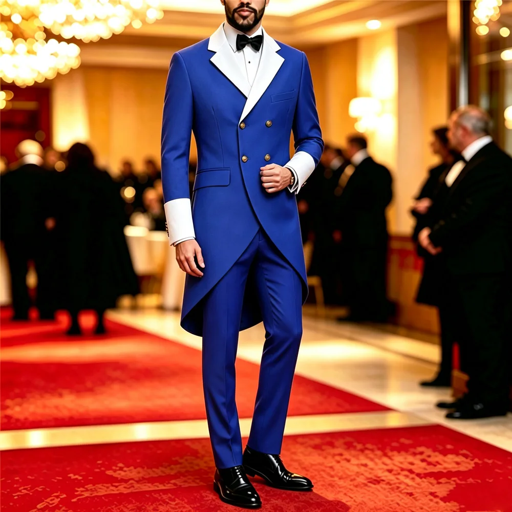 Men Tailcoat Suit 2 Pieces Double Breasted Brown Tuxedo White Contrast Lapel Cuff Groom Wedding Formal Evening Party Jacket Pants