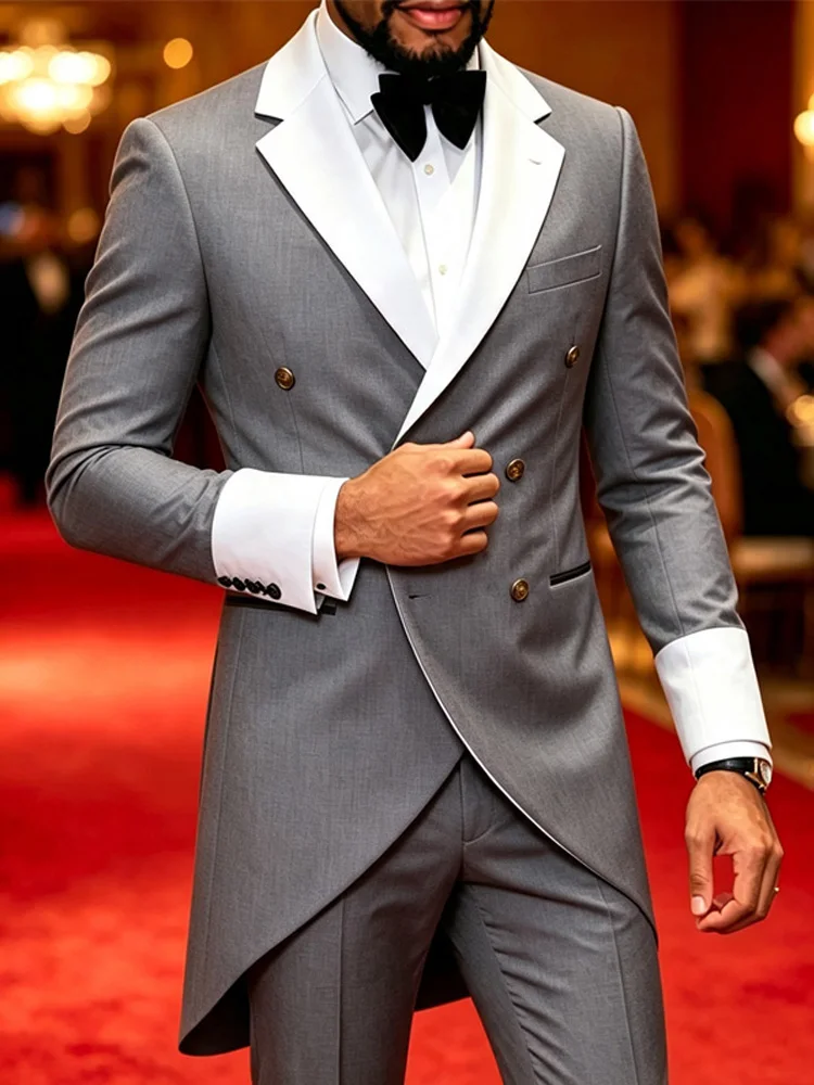 Men Tailcoat Suit 2 Pieces Double Breasted Brown Tuxedo White Contrast Lapel Cuff Groom Wedding Formal Evening Party Jacket Pants