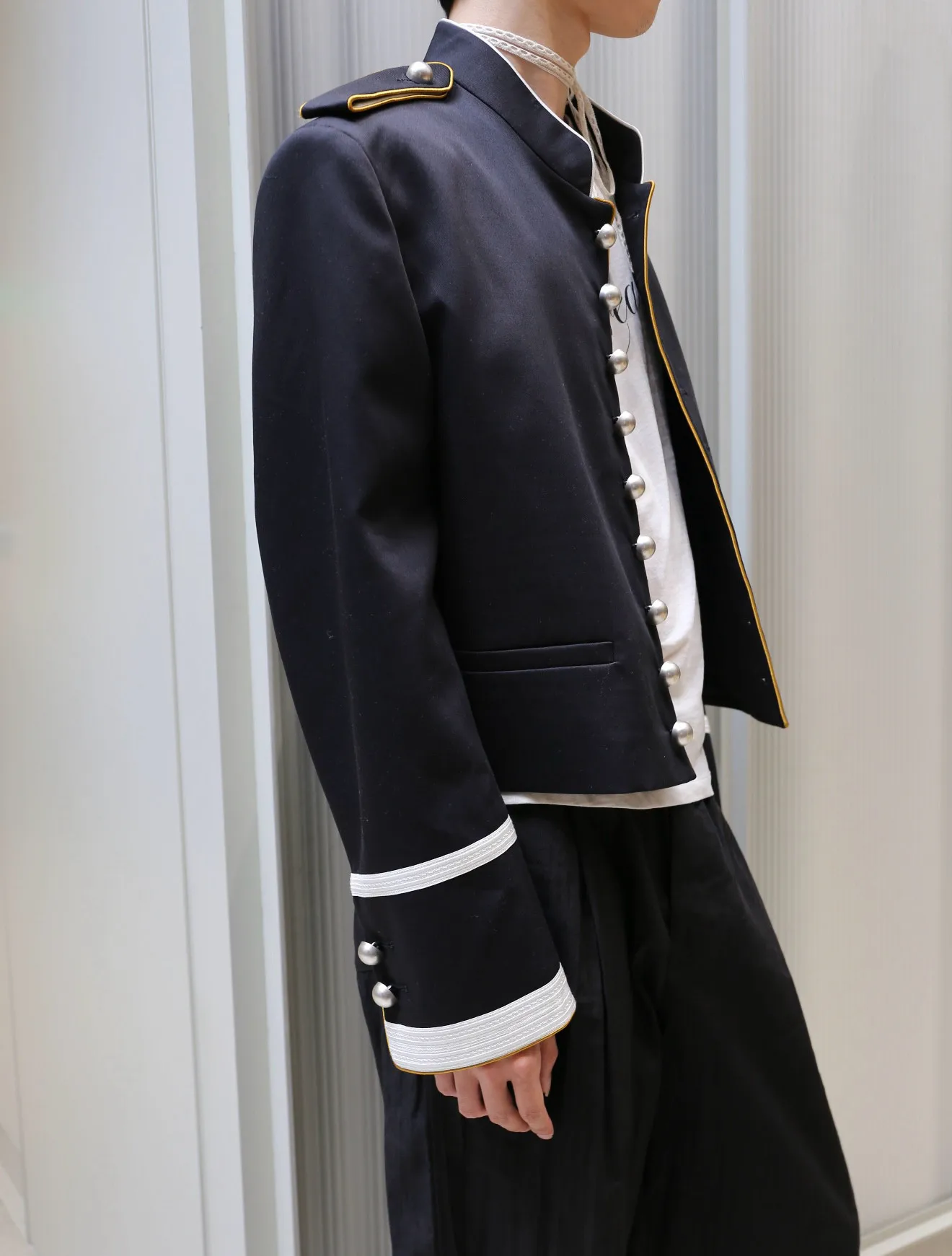 ANN Show Piece Harris Marsina Black & Gold Button Napoleon Jacket, Vintage Court Short Stand Collar Coat