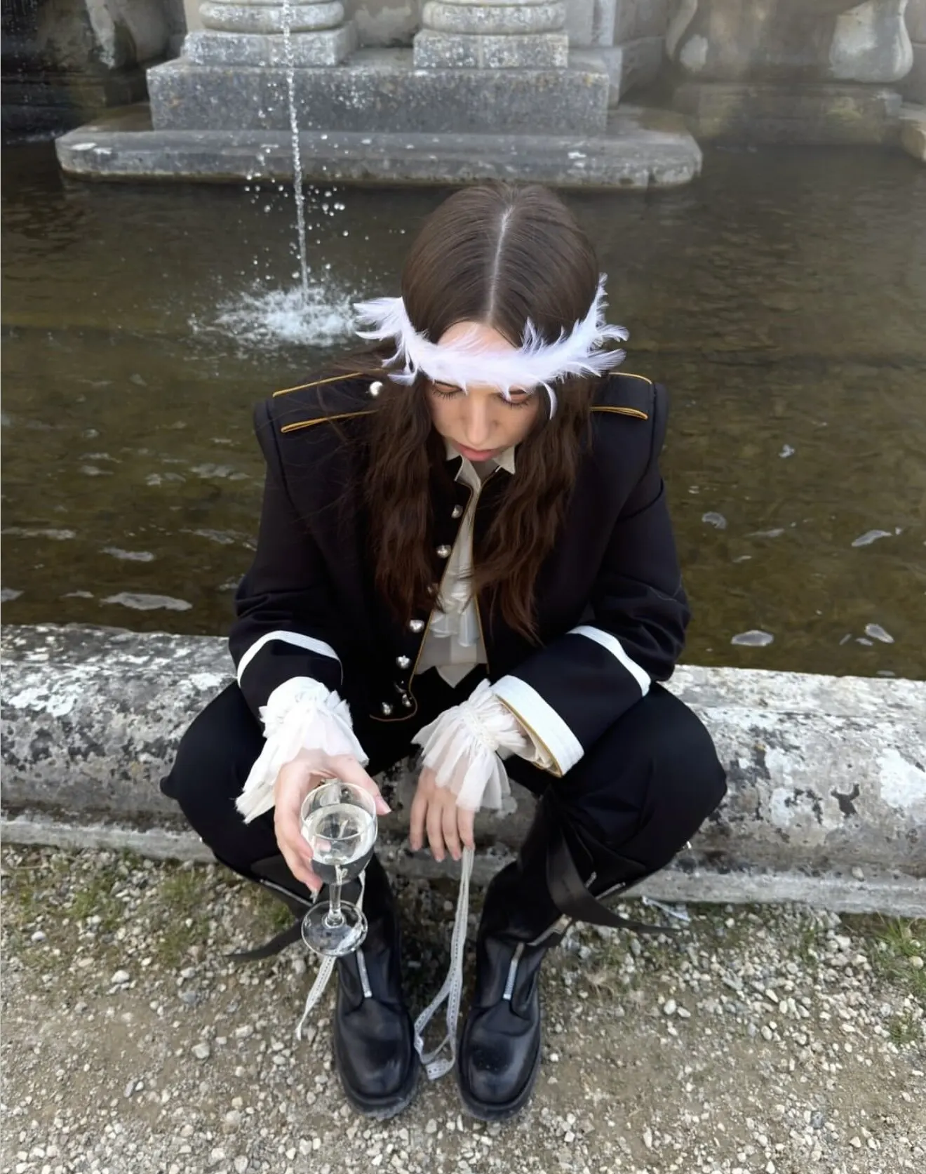 ANN Show Piece Harris Marsina Black & Gold Button Napoleon Jacket, Vintage Court Short Stand Collar Coat