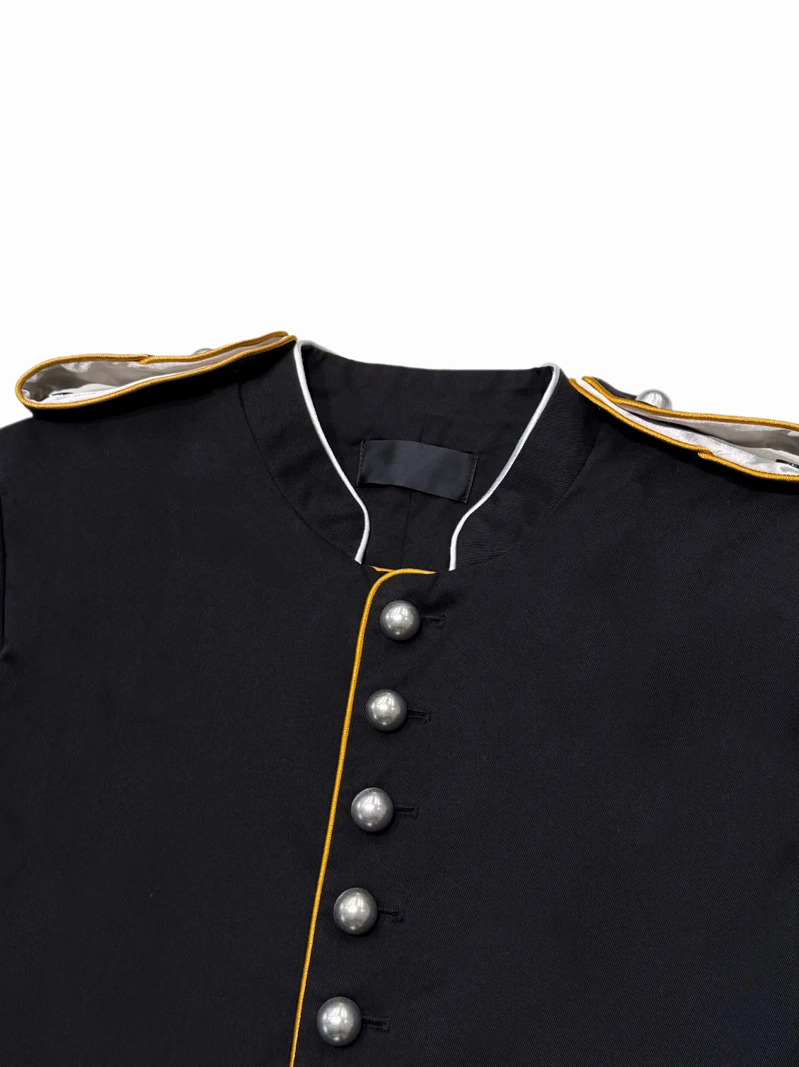 ANN Show Piece Harris Marsina Black & Gold Button Napoleon Jacket, Vintage Court Short Stand Collar Coat