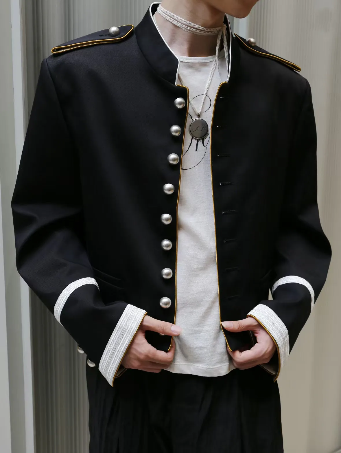ANN Show Piece Harris Marsina Black & Gold Button Napoleon Jacket, Vintage Court Short Stand Collar Coat